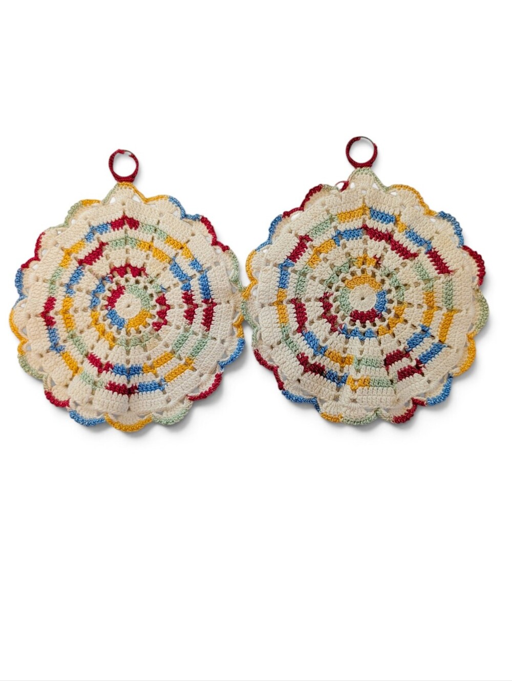 VINTAGE Crochet Round Pot Holders Pair Cream Red Yellow Green Cottagecore